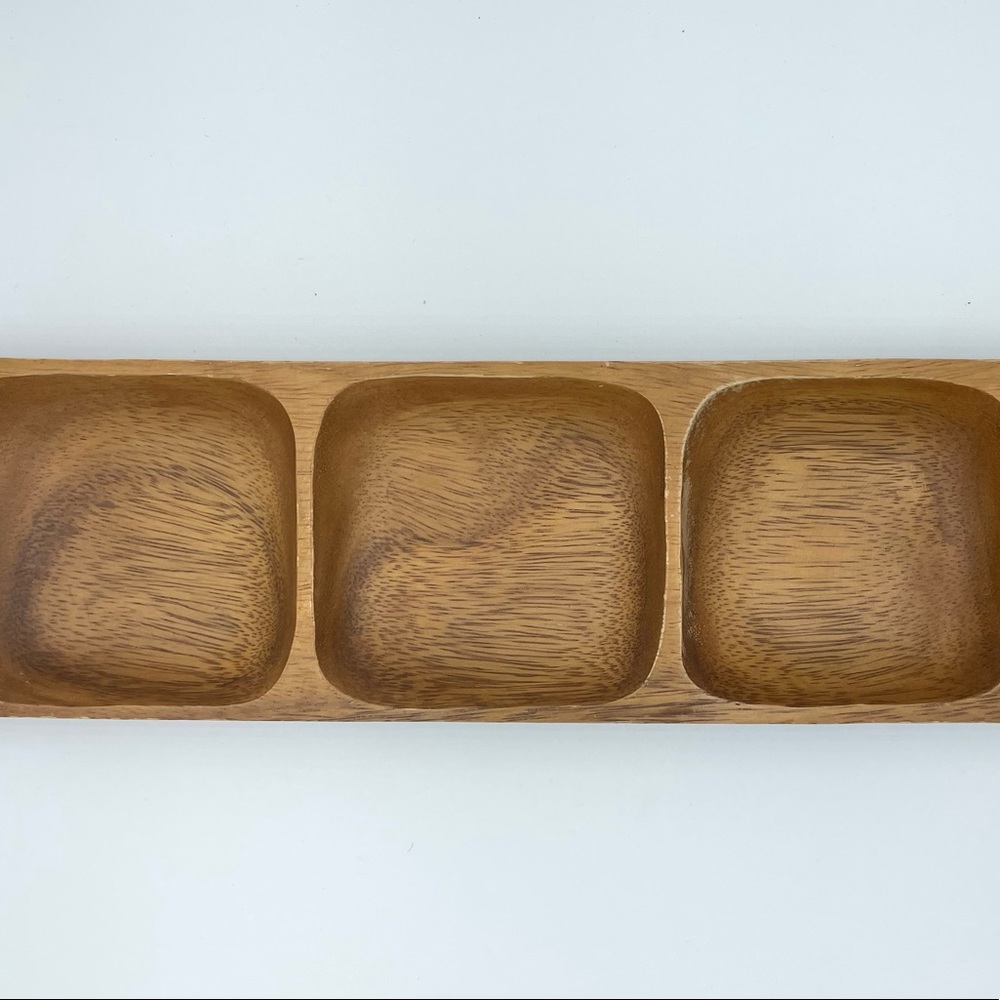 Vintage MCM handcrafted monkey-pod wood 3 section snack tray